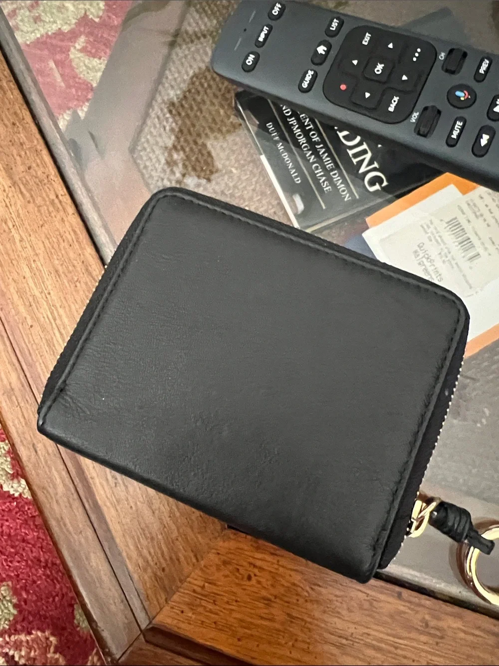 Thacker, Black Leather Zip Wallet with Golden Accent